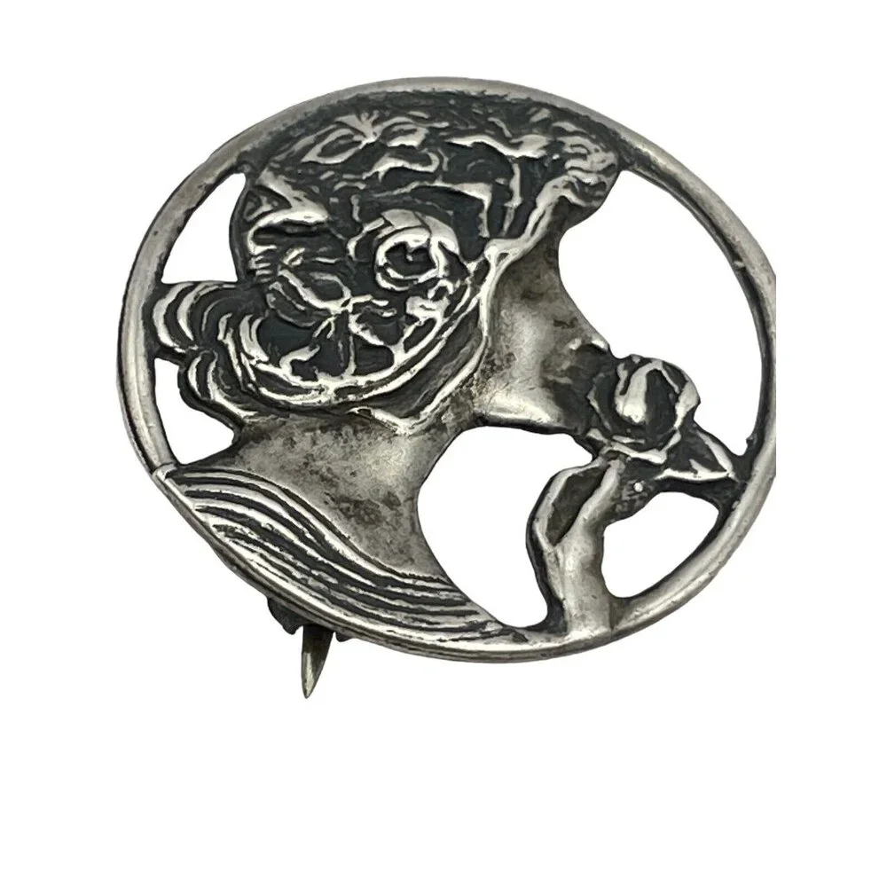 VTG Art Deco‎ Nouveau Style Goddess Women Flower 925 Silver Brooch Pendant READ